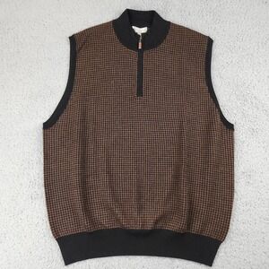 Peter Millar Sweater Vest Mens XL Brown Houndstooth Quarter Zip Merino Wool Golf